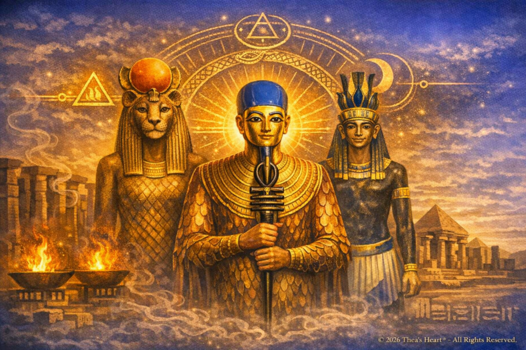 Ptah, Alchemy, and the Inner Flame — Temple of Fire Triad — three Egyptian deities standing before pyramids and temple columns, illuminated by fire bowls and framed by celestial symbols in the sky.