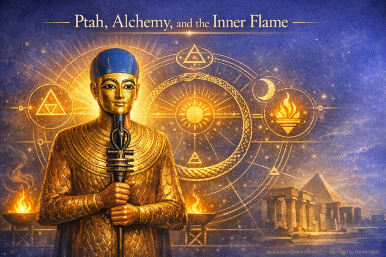 Ptah, Alchemy, and the Inner Flame blog header featuring the Egyptian god Ptah holding a Was scepter with Sha animal, Ankh, and Djed pillar, standing before temple ruins with glowing fire and alchemical symbols.