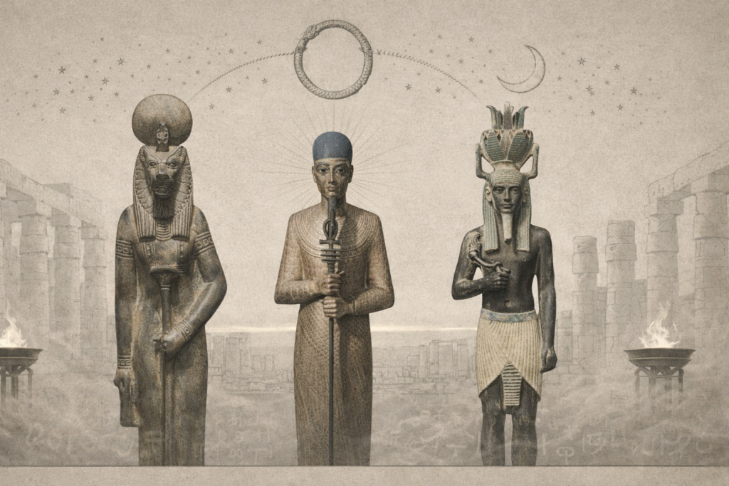 Ptah, Alchemy, and the Inner Flame — three Egyptian deities standing before temple ruins with burning braziers and a cosmic sky of stars, moon, and ouroboros above.