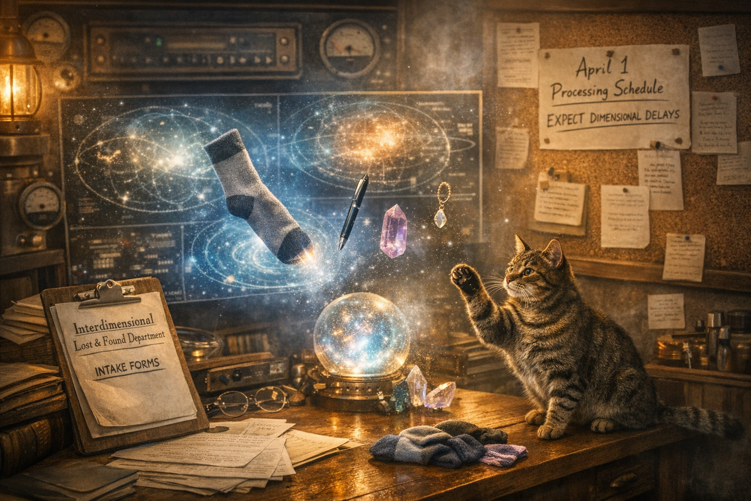 Interdimensional Lost & Found Department control room with glowing dimensional maps, floating lost items, and a whimsical April Fools’ touch.
