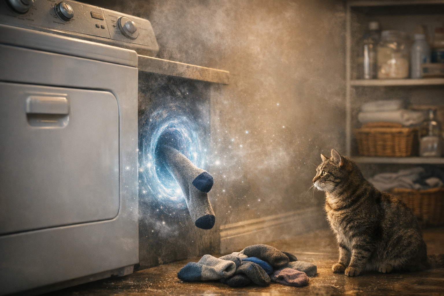 Interdimensional Lost & Found Department scene showing a sock entering a glowing portal behind a dryer, with a curious cat watching — part of a playful April Fools’ concept.