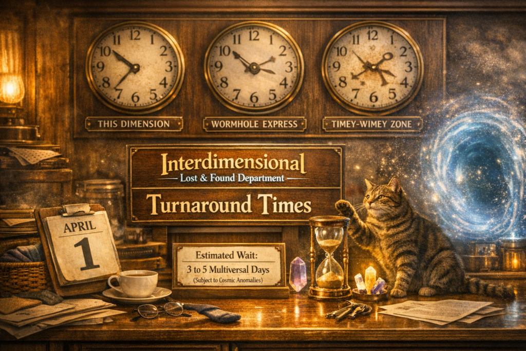 Interdimensional Lost & Found Department turnaround‑time desk with three clocks labeled for different dimensions, an April 1 calendar page, and a glowing portal — created for April Fools’ Day.