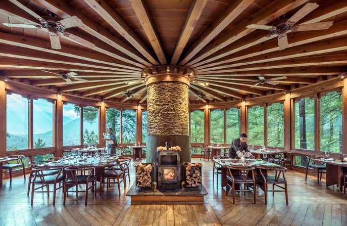 Starseed Bhutan Adventure collage of Bukhari restaurant at COMO Uma Paro showing the circular dining pavilion.