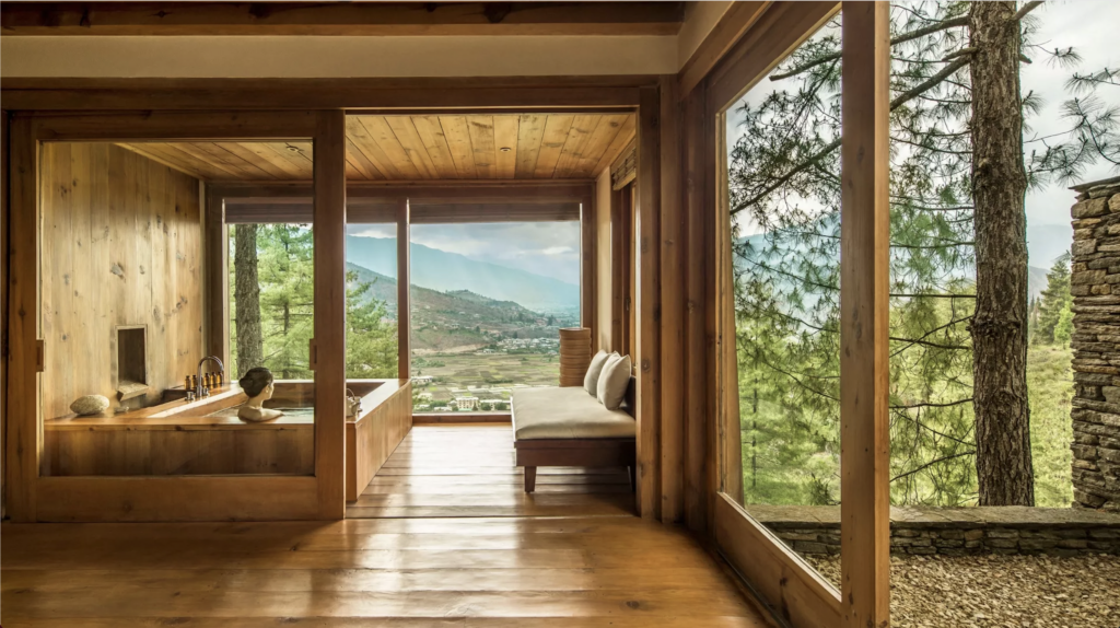 Starseed Bhutan Adventure with Althea Provost women relaxing in the spa at COMO Uma Paro with forest views.