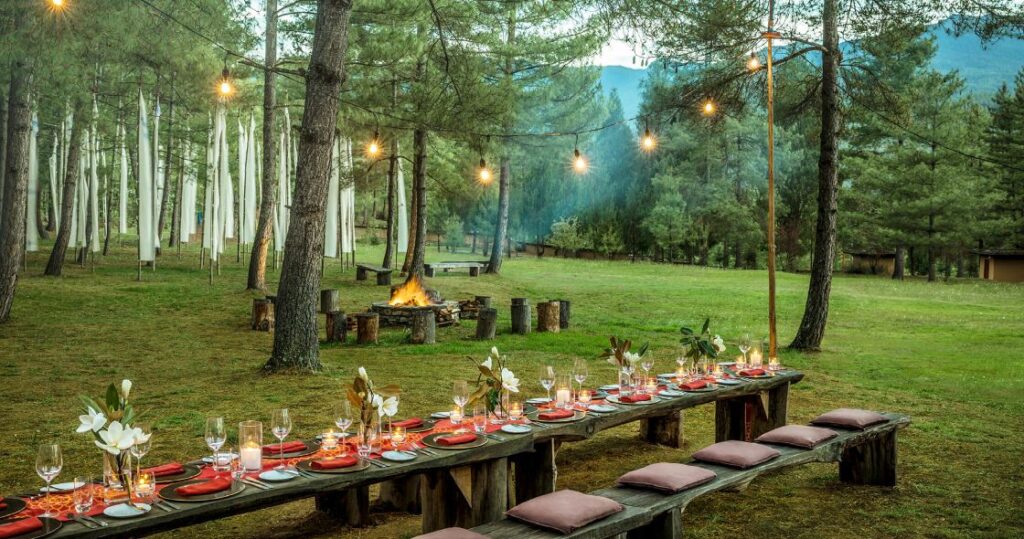 Starseed Bhutan Adventure with Althea Provost outdoor fire and dining setup at COMO Uma Paro.