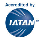 Accredited by IATAN badge: blue circular logo with white IATAN text and radiating lines, 'Accredited by' above