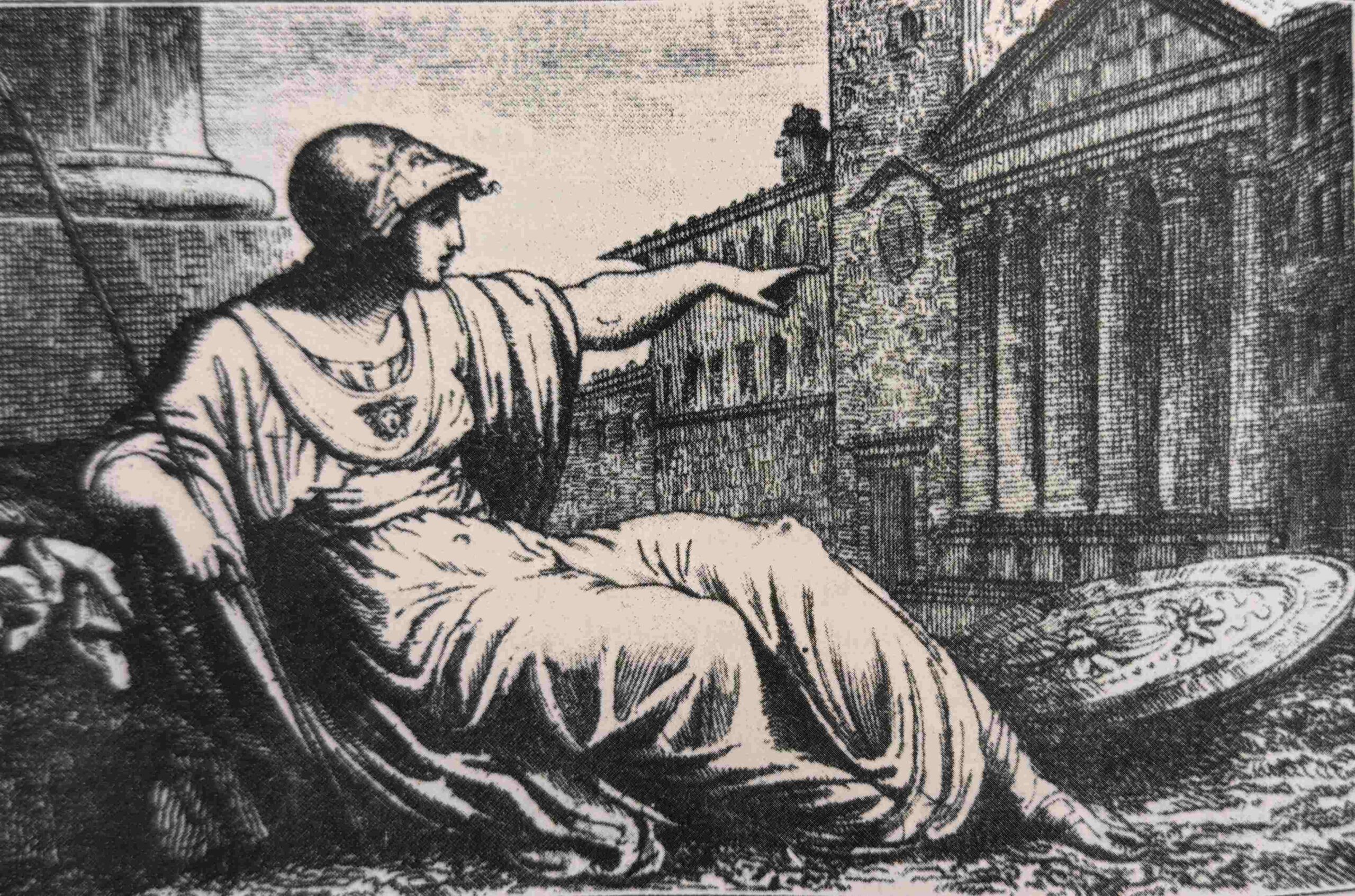 Minerva portrayed in a neoclassical engraving, seated with shield and helmet, extending her arm toward the Temple of Minerva in Assisi’s Piazza del Comune, as featured in my blog Minerva: The Goddess, the Stargate, and Assisi.