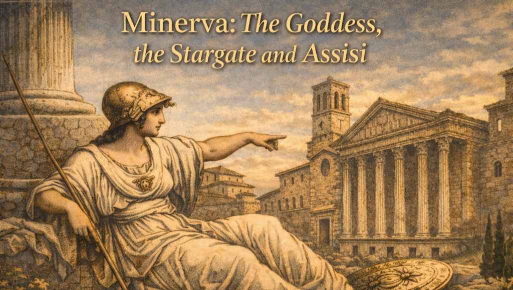 Classical illustration of the goddess Minerva seated before the Classical illustration of the goddess Minerva seated before the Temple of Minerva in Assisi, pointing toward the ancient city under a warm sky.