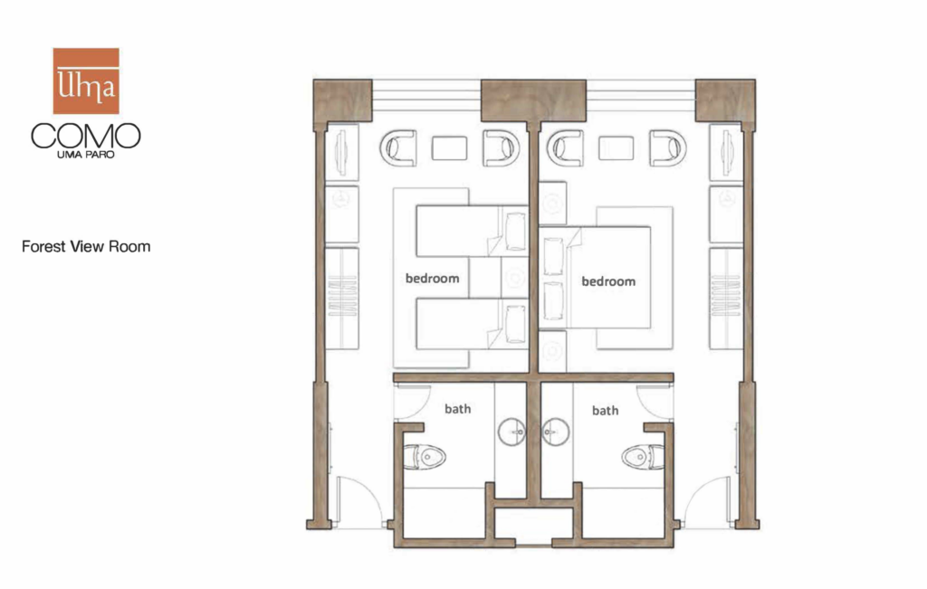 Starseed Bhutan Adventure with Althea Provost — floor plan of the Forest View Room at COMO Uma Paro showing bedroom and bath layout.