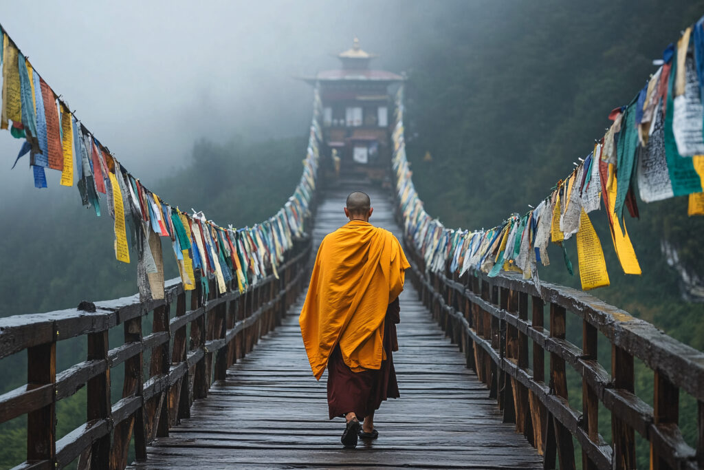 Starseed Bhutan Adventure with Althea Provost monk crossing a suspension bridge with prayer flags in Bhutan