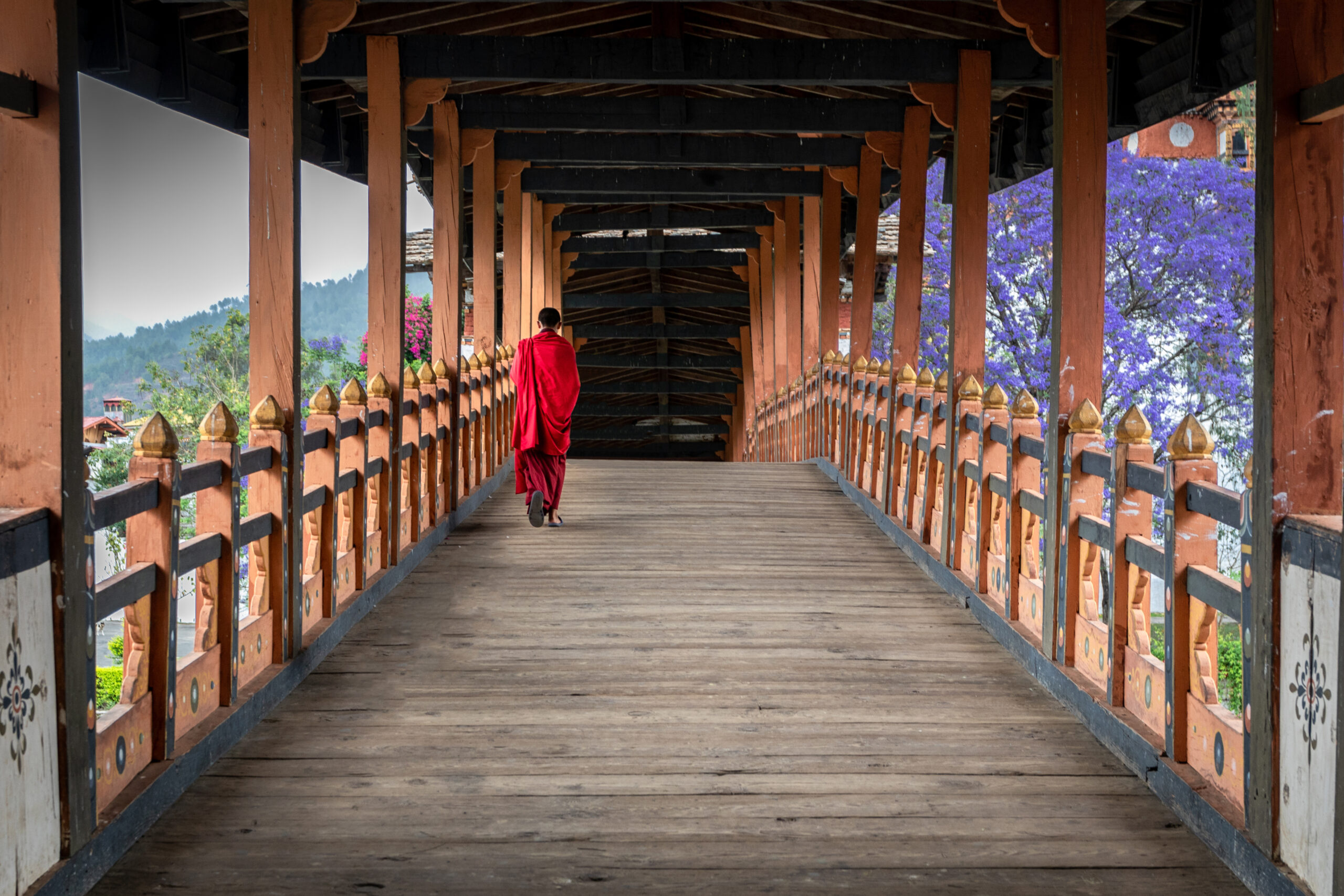 Starseed Bhutan Adventure with Althea Provost traveler crossing wooden bridge