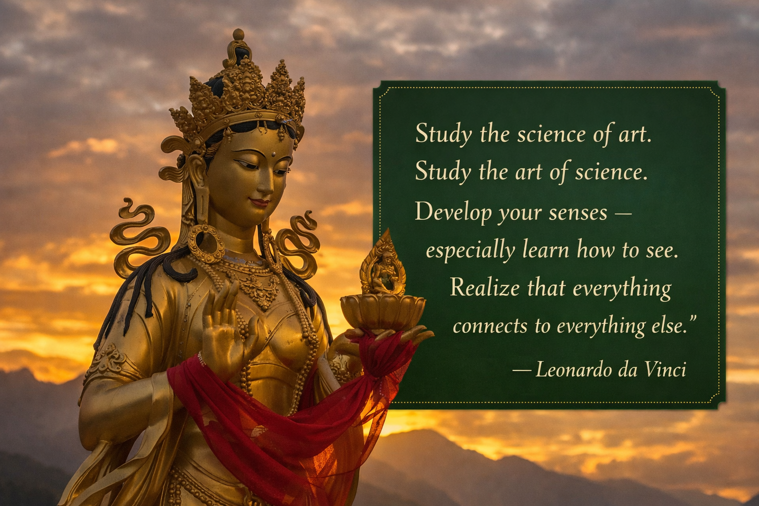 Starseed Bhutan Adventure with Althea Provost golden goddess statue at sunrise at the Buddha Dordenma complex in Thimphu Bhutan; includes Leonardo da Vinci quote on perception and interconnectedness